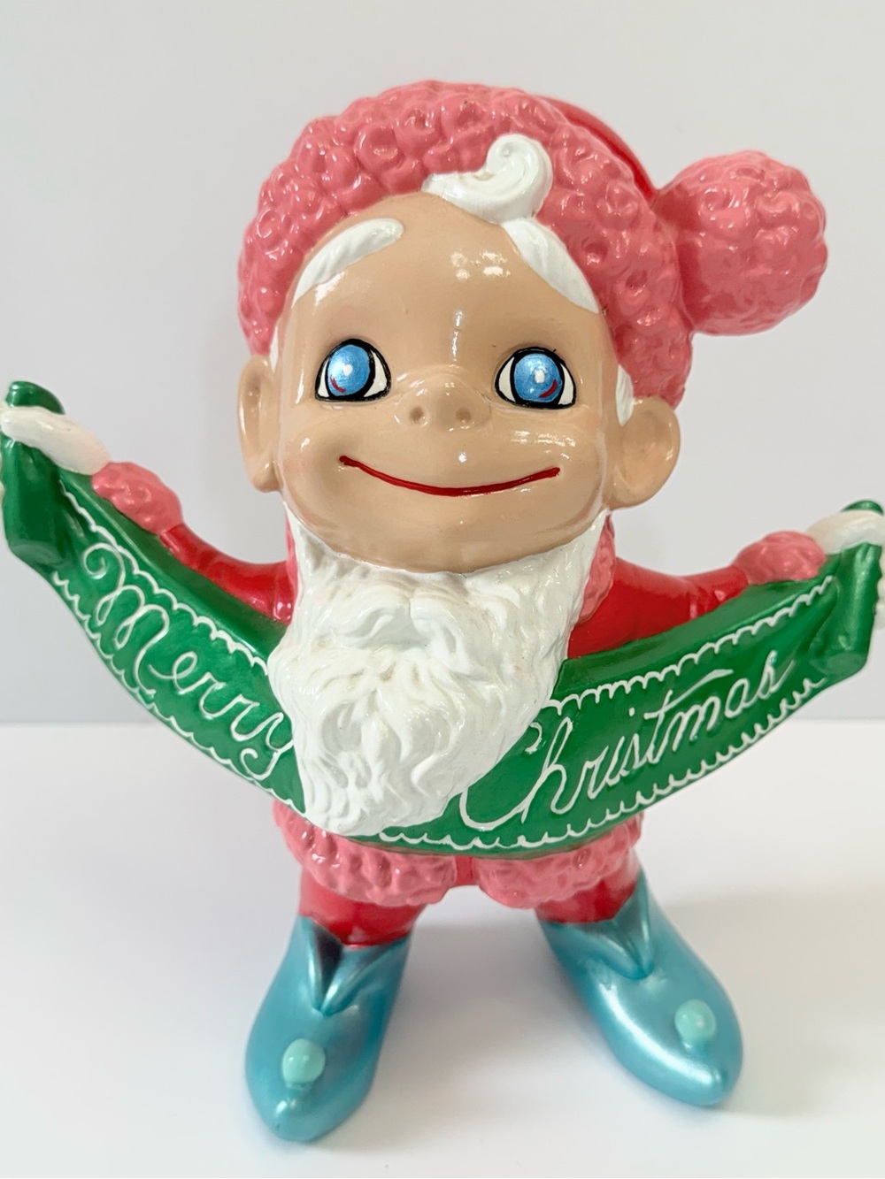 Vintage Atlantic Mold Santa Elf Merry Christmas Pink Turquoise Ceramic 11” Rare